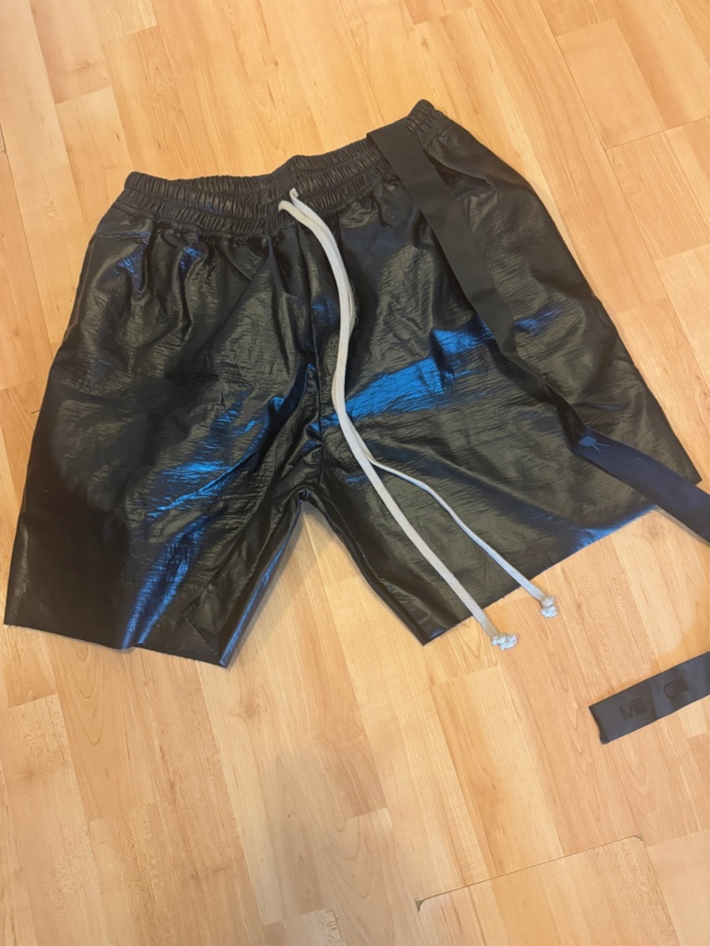 Rick Owens Black Shiny Drawstring Athletic Shorts